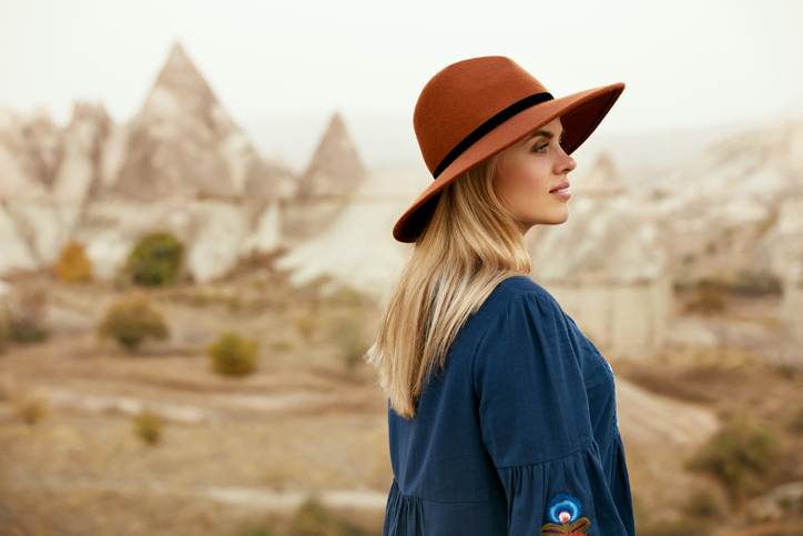 Fall Fashion. Beautiful Woman In Hat, Dress In Nature Portrait